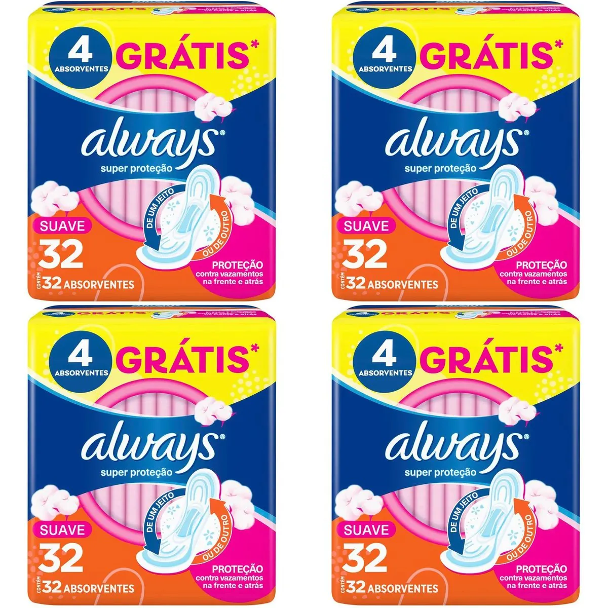 Kit c/4 Absorvente Básico Malha Suave Com Abas Always Simples c/32 Unidades cada