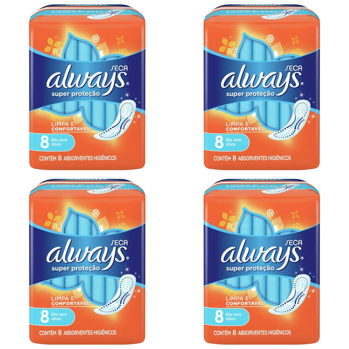 Kit c/4 Absorventes Básico Malha Seca Sem Abas Always Simples c/8 Unidades cada