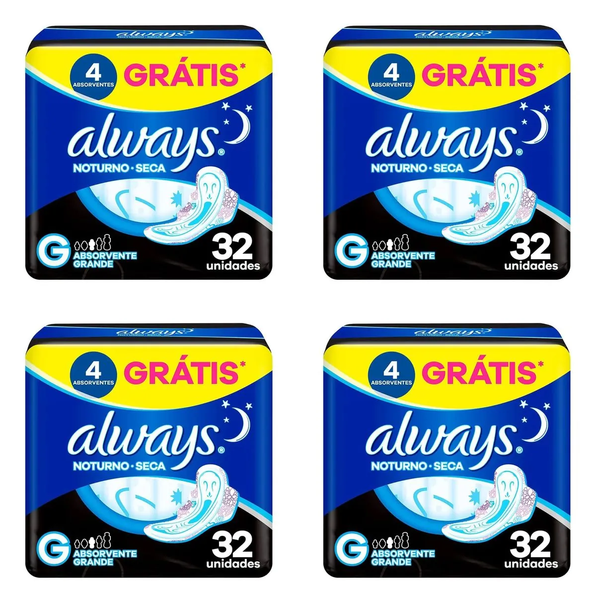 Kit c/4 Absorventes Cobertura Seca Noturno Com Abas Always Simples c/32 Unidades cada