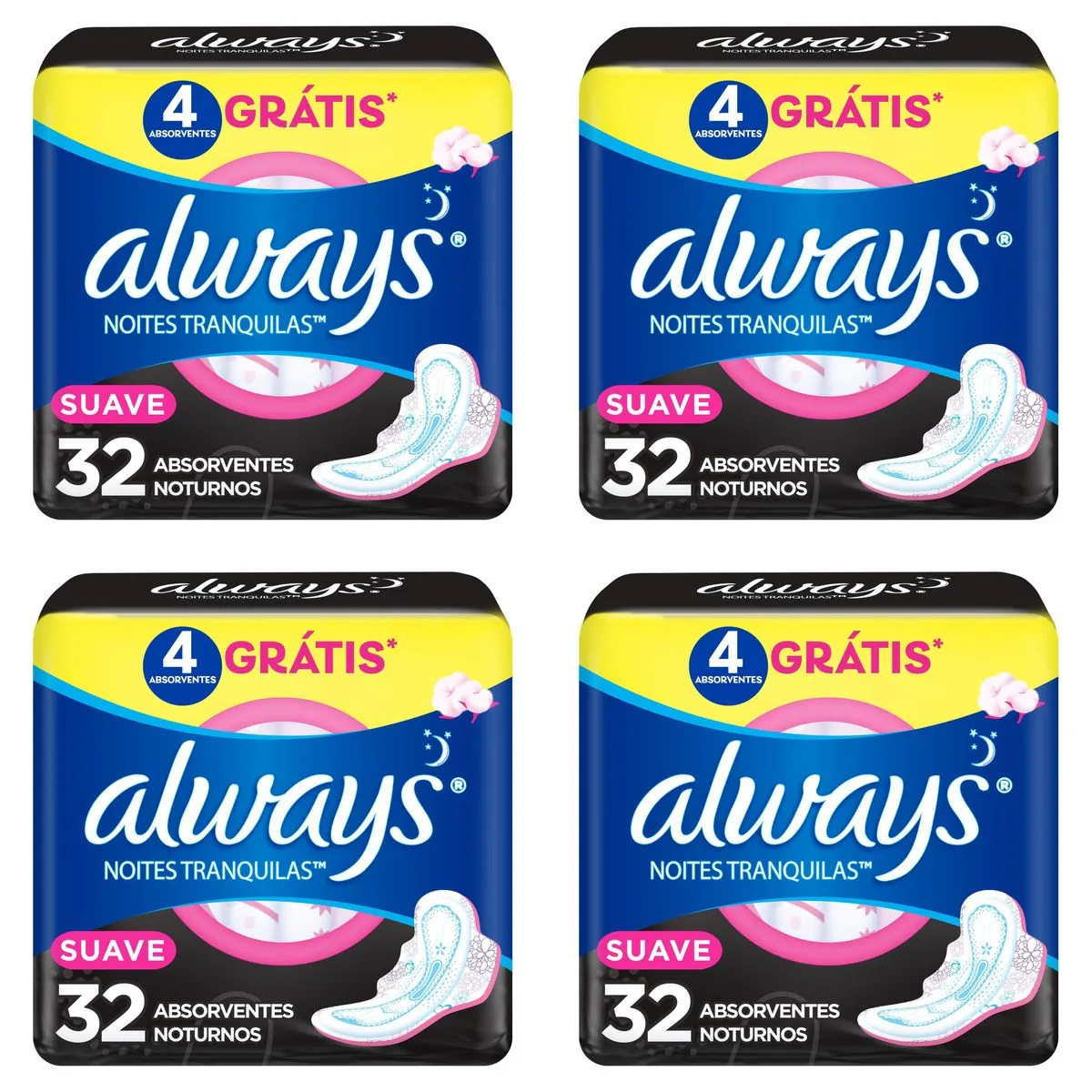 Kit c/4 Absorventes Cobertura Suave Noturno Com Abas Always Simples 32 Unidades cada