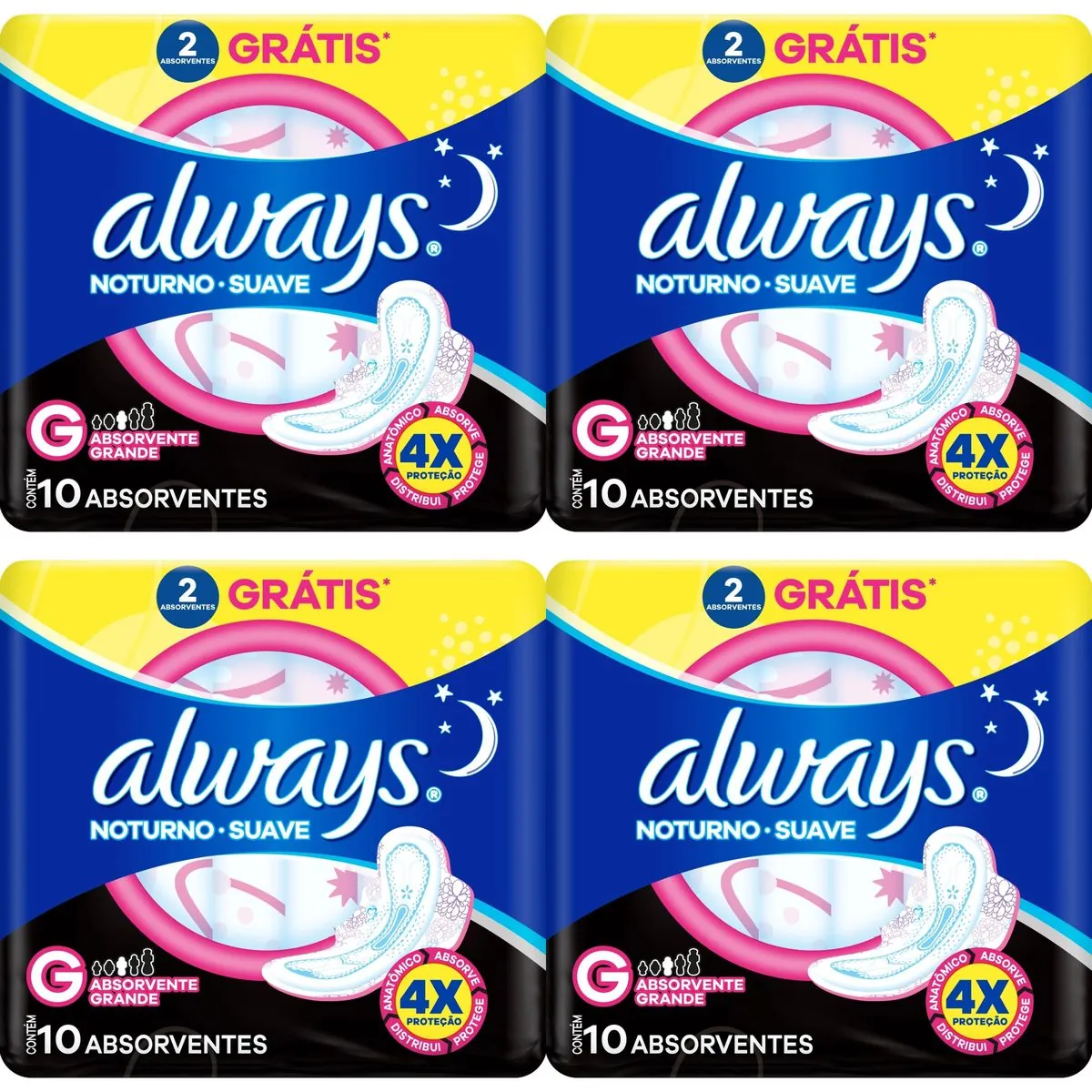 Kit c/4 Absorvente Always Noturno Suave ”G” c/10 Unidades