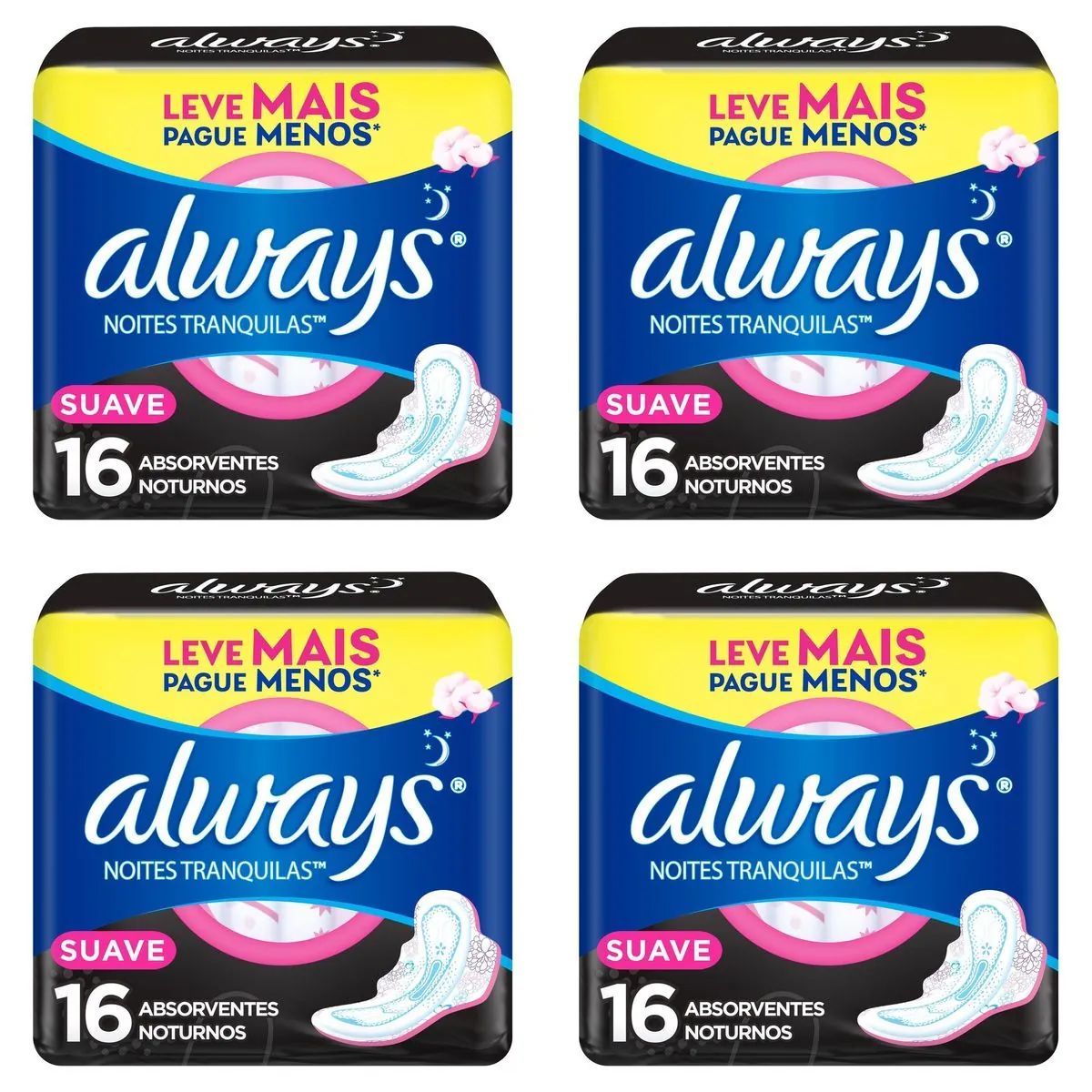 Kit c/4 Absorventes Cobertura Suave Noturno Com Abas Always Simples 16 Unidades cada