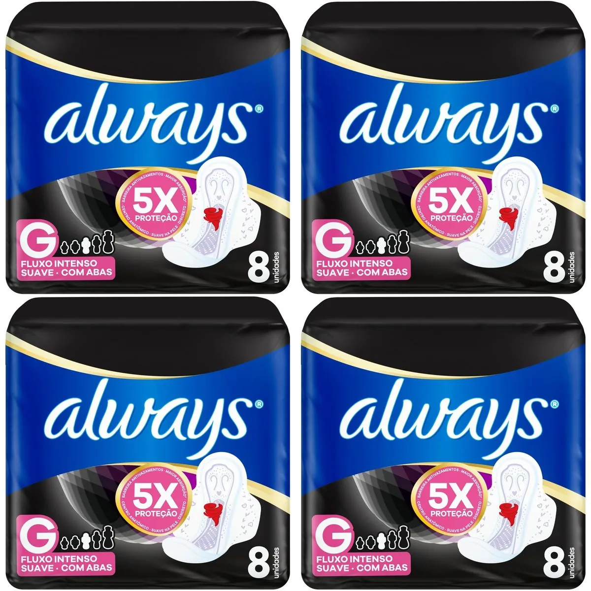 Kit c/4 Absorventes Cobertura Suave Noturno Com Abas Always Simples 8 Unidades