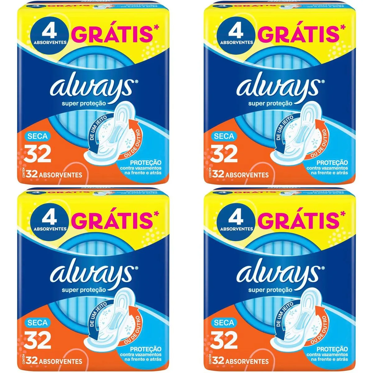 Kit c/4 Absorvente Básico Malha Seca C/Abas Always Simples 32 Unidades cada