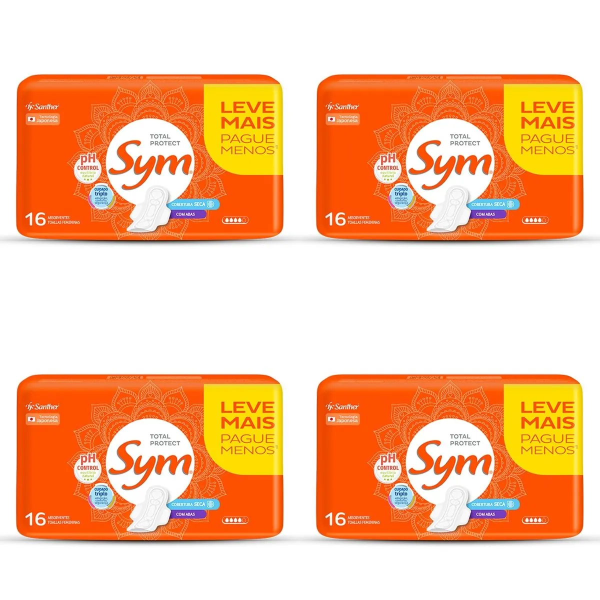 Kit c/4 Absorvente Sym Total Protect Cobertura Seca Com Abas 16 Unidades cada