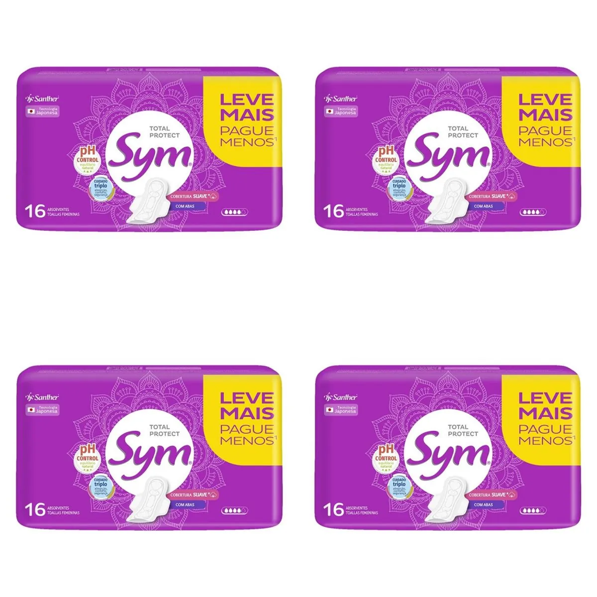 Kit c/4 Absorvente Sym Total Protect Suave com Abas com 16 Unidades cada
