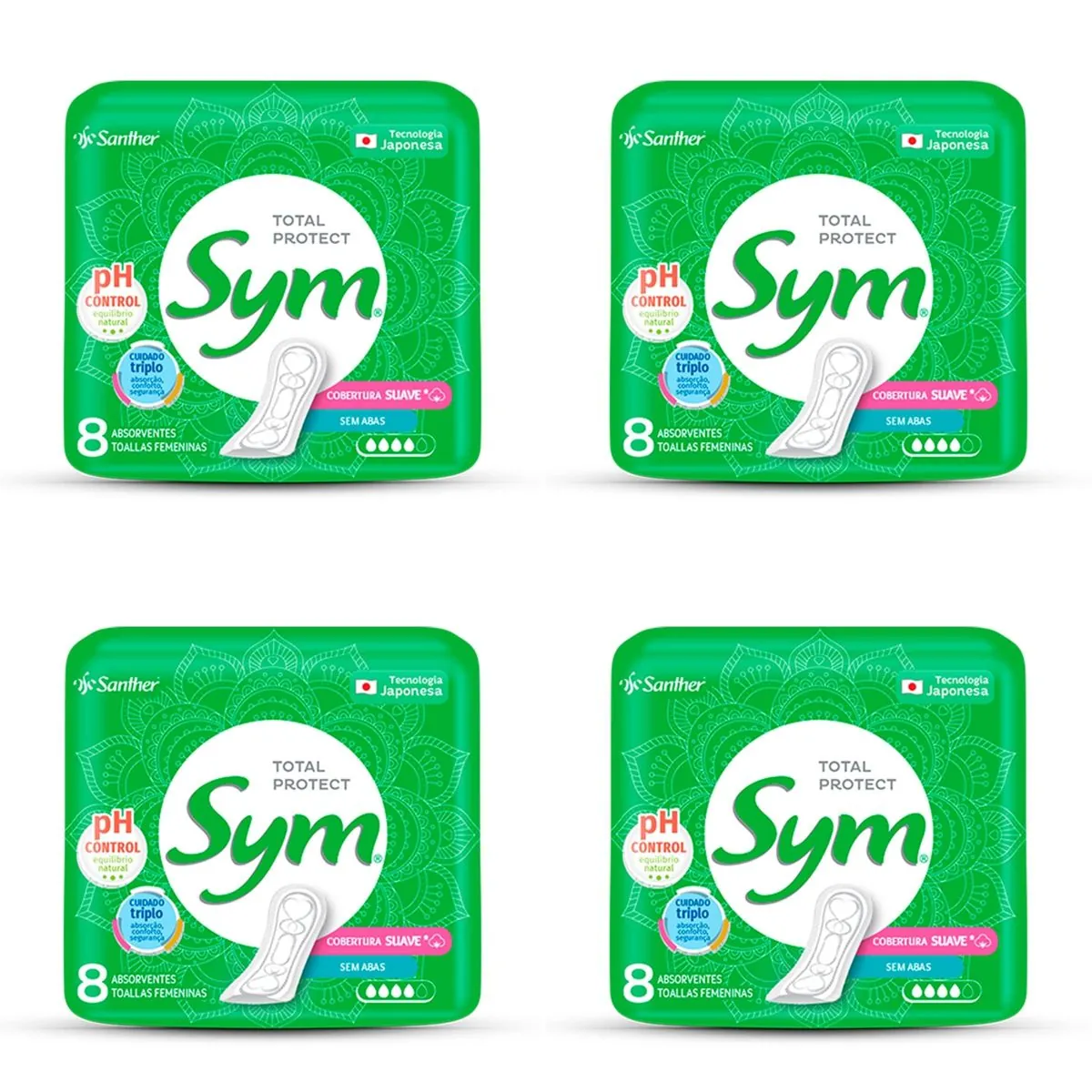 Kit c/4 Absorventes Sym Suave Sem Abas c/8 Unidades cada