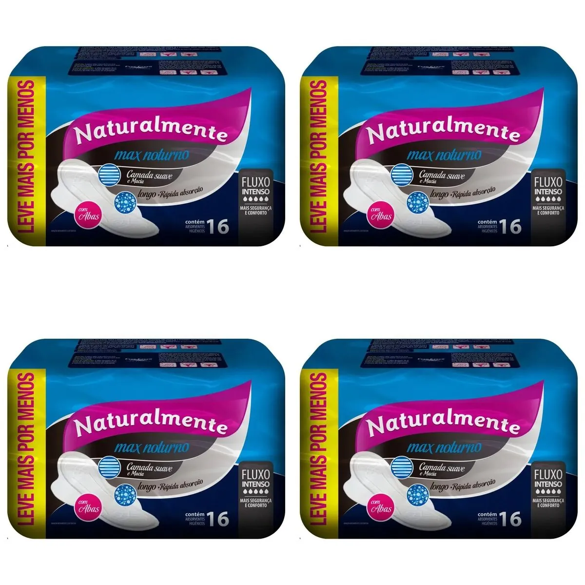 Kit c/4 Absorventes Naturalmente Max Noturno com Abas C/16 Unidades cada