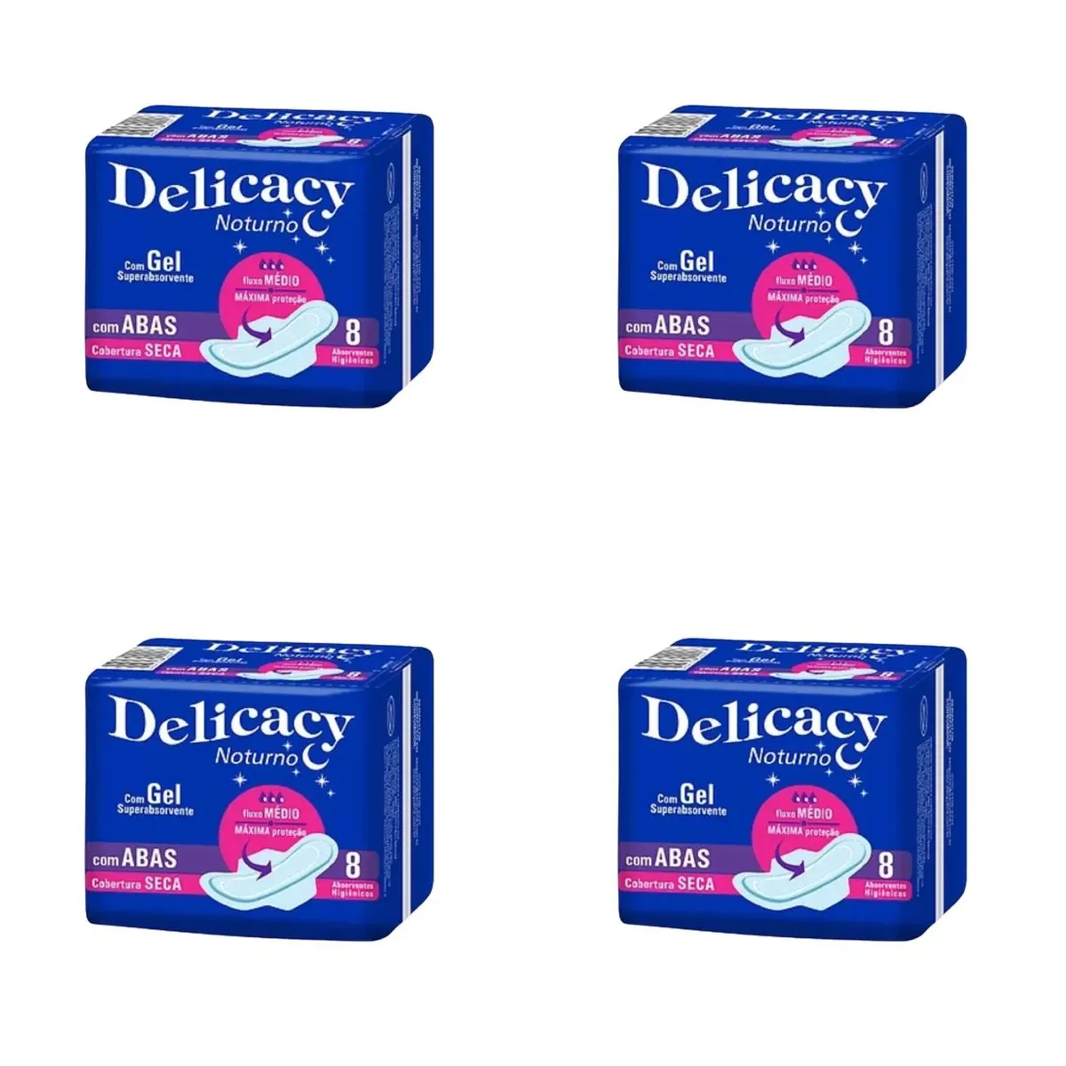 Kit c/4 Absorvente Delicacy Noturno C/Abas Cobertura Seca C/8 Unidades