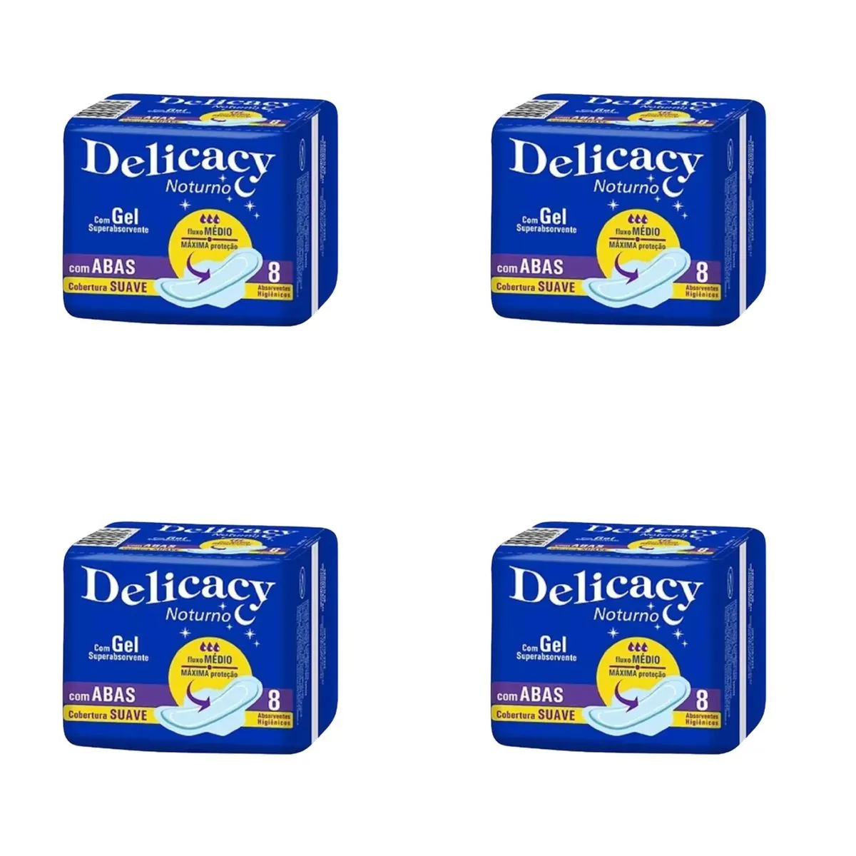 Kit c/4 Absorventes Delicacy Noturno C/Abas Cobertura Suave C/8 Unidades cada