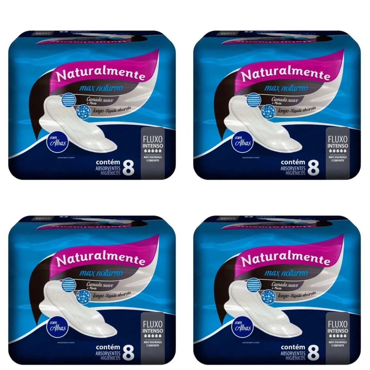 Kit c/4 Absorventes Naturalmente Max Noturno S/Abas 8 unidades cada