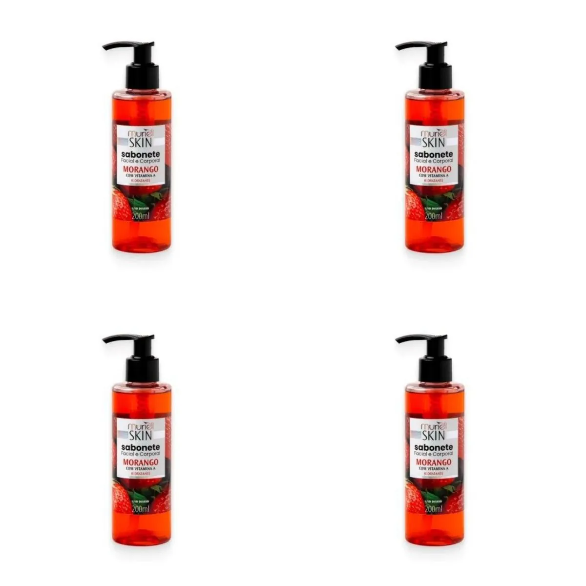Kit c/4 Sabonetes Líquido Facial Corporal Muriel Skin Morango 200ml