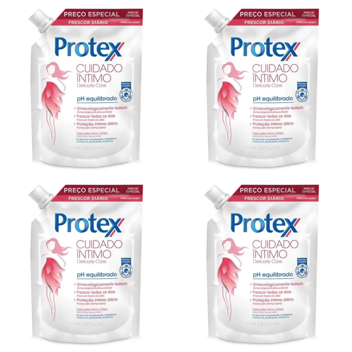 Kit c/4 Sabonetes Íntimo Líquido Protex Delicate Care 140ml Refil