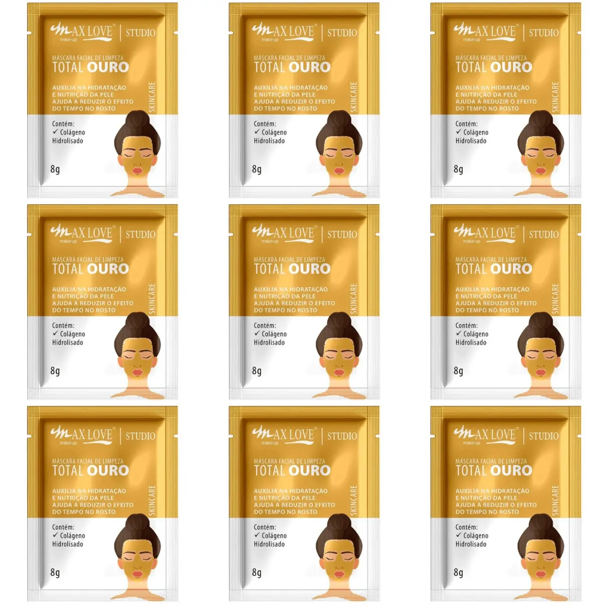 Kit c/9 Máscara Facial Peel Off 8g Ouro Max Love
