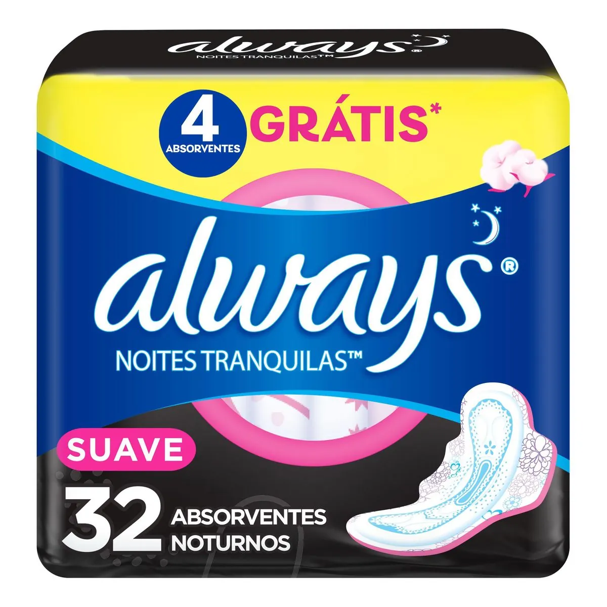 Kit c/9 Absorvente Cobertura Suave Noturno Com Abas Always Simples 32 Unidades