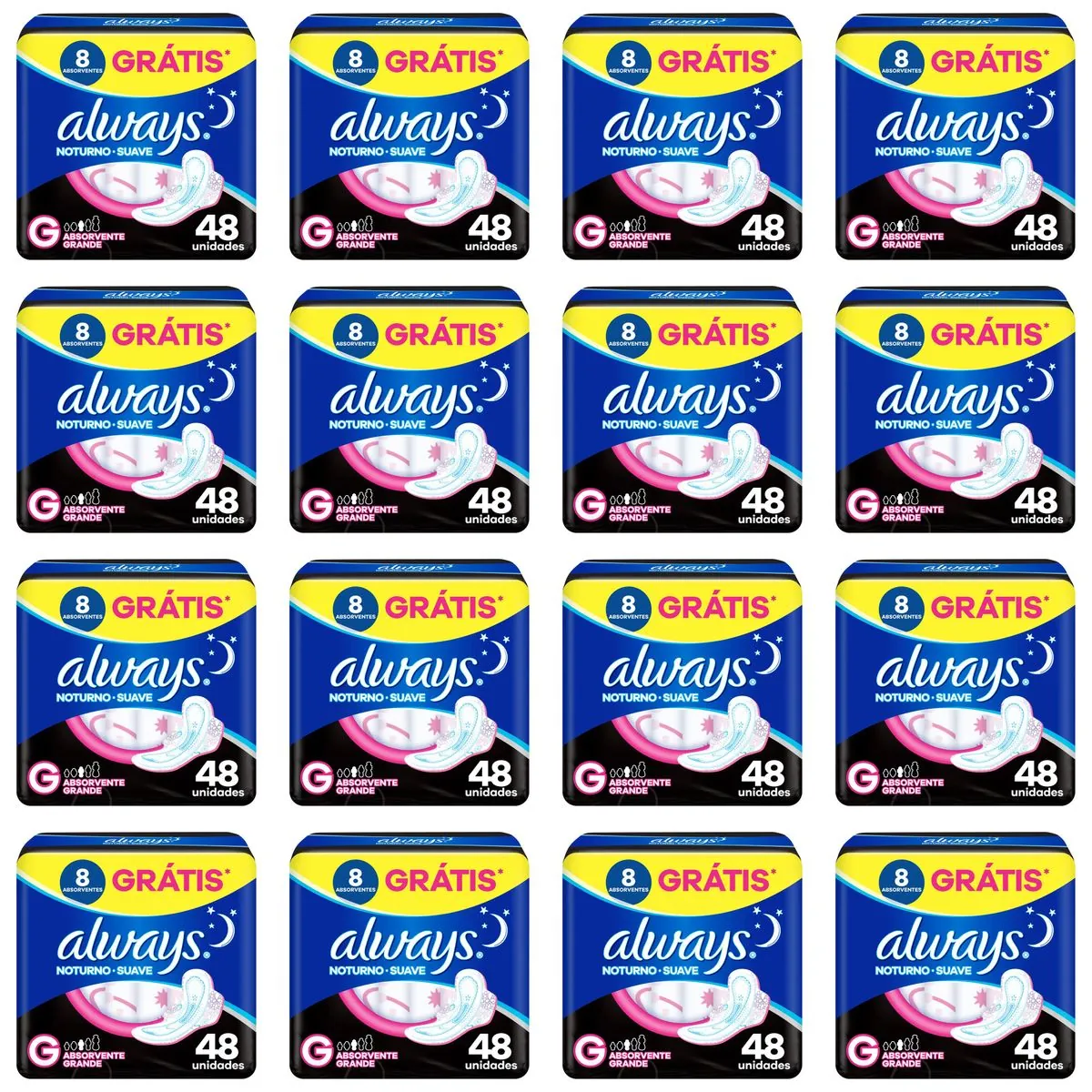 Kit c/16 Absorventes Always Noturno Suave ”G” c/48 Unidades cada
