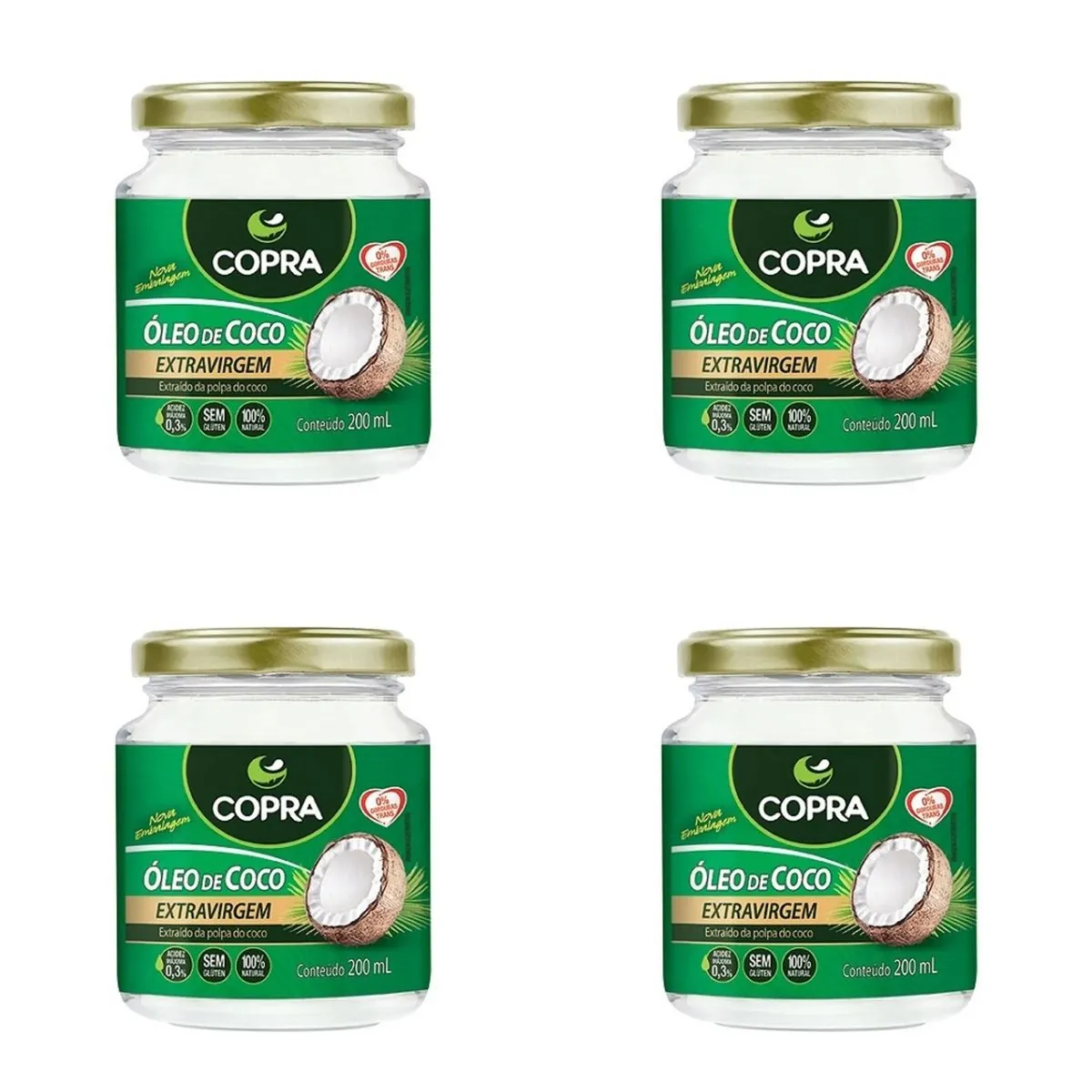 Kit c/4 Unidades de Óleo de Coco Extravirgem Copra Vidro 200ml