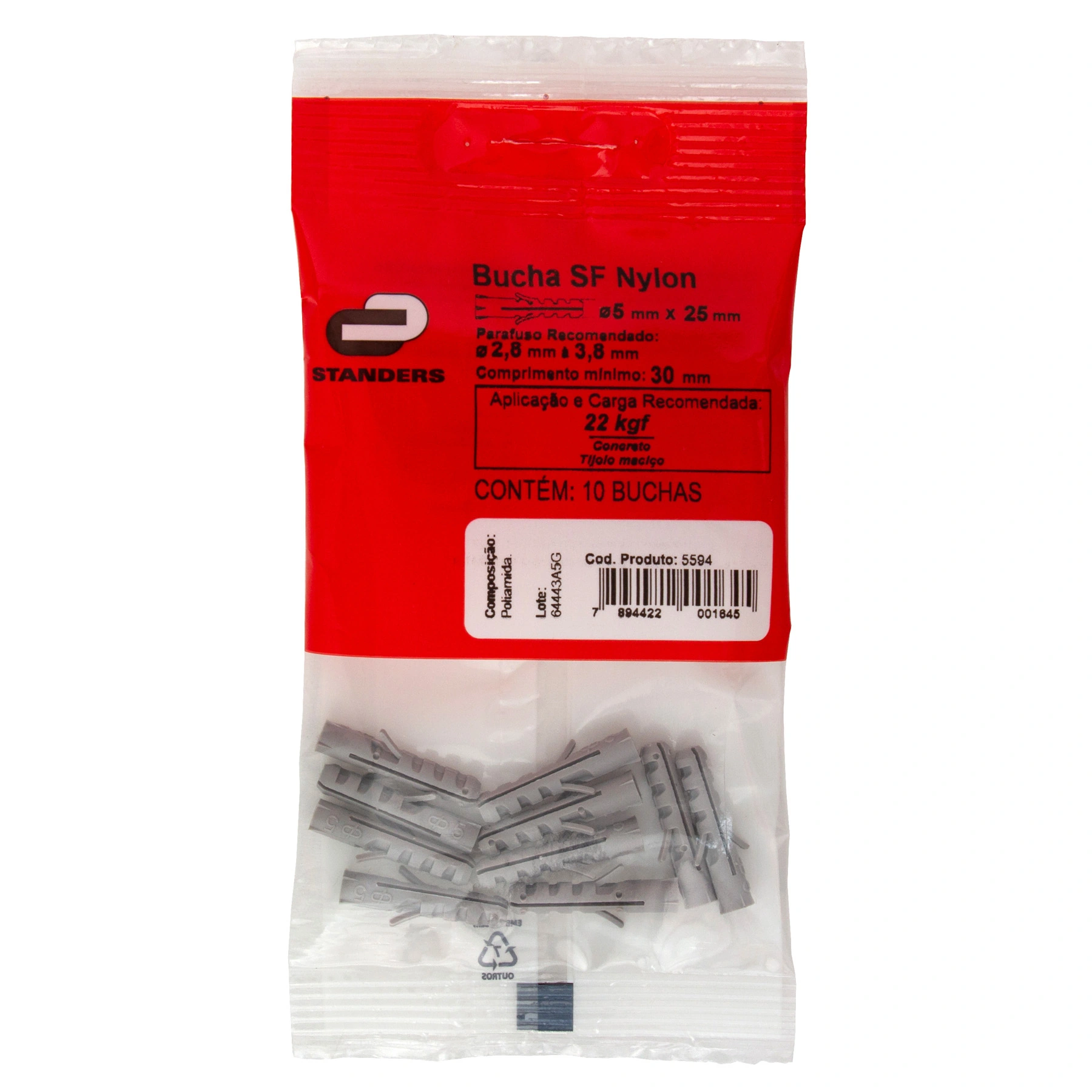 Bucha Nylon 5mm Bases Maciças SF com 10 peças Standers