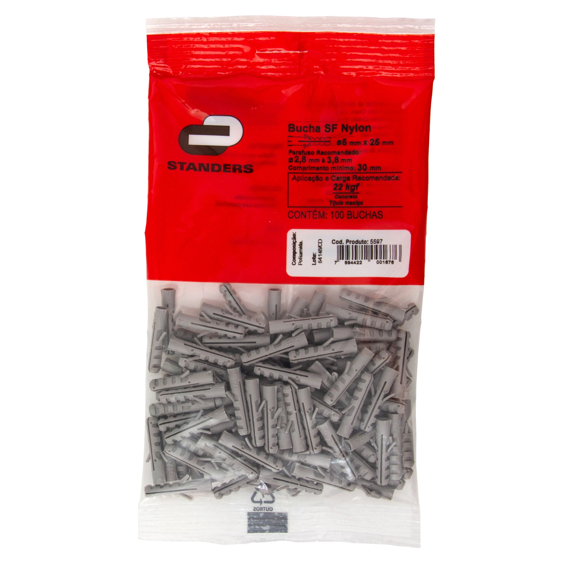 Bucha Nylon 5mm Bases Maciças SF com 100 peças Standers