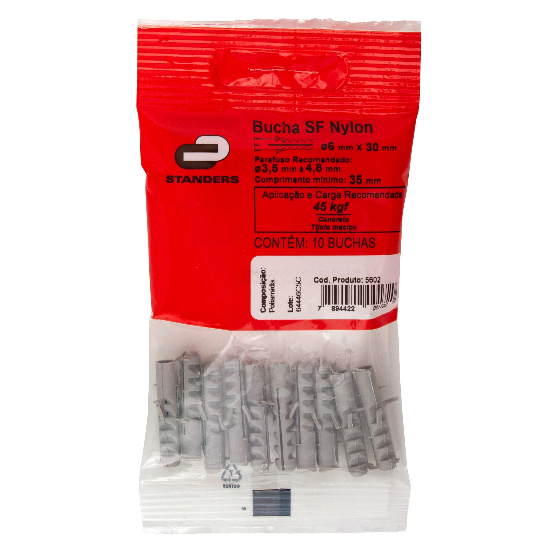 Bucha Nylon 6mm Bases Maciças SF com 10 peças Standers