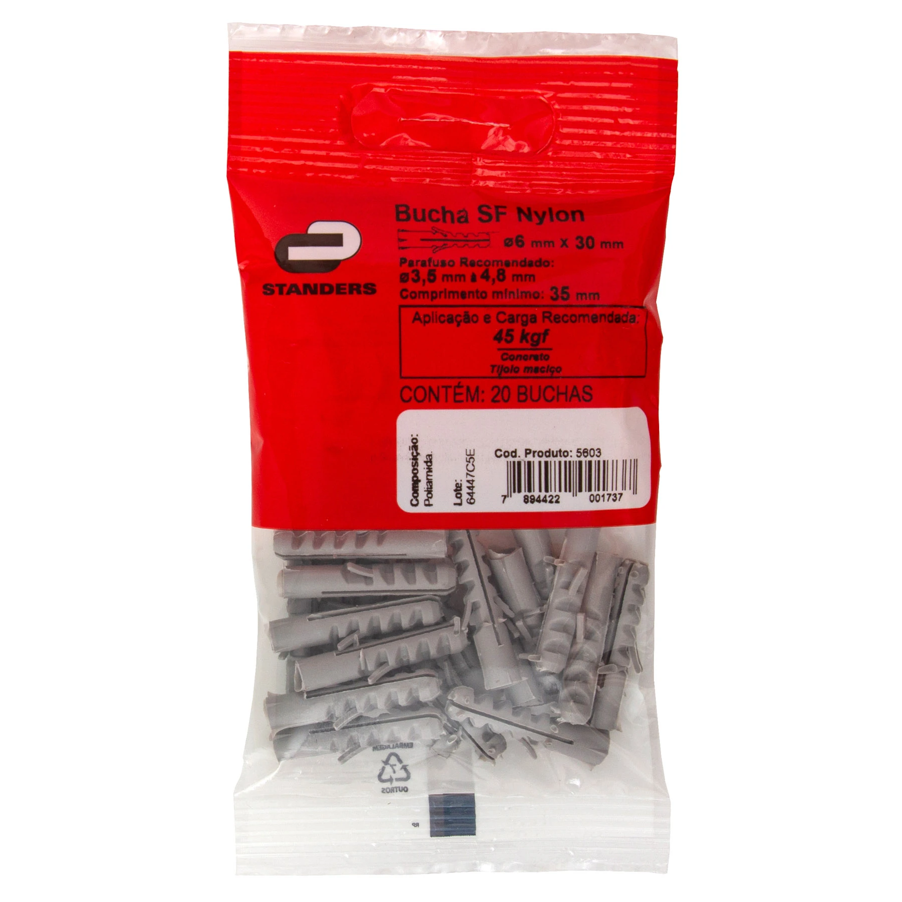 Bucha Nylon 6mm Bases Maciças SF com 20 peças Standers