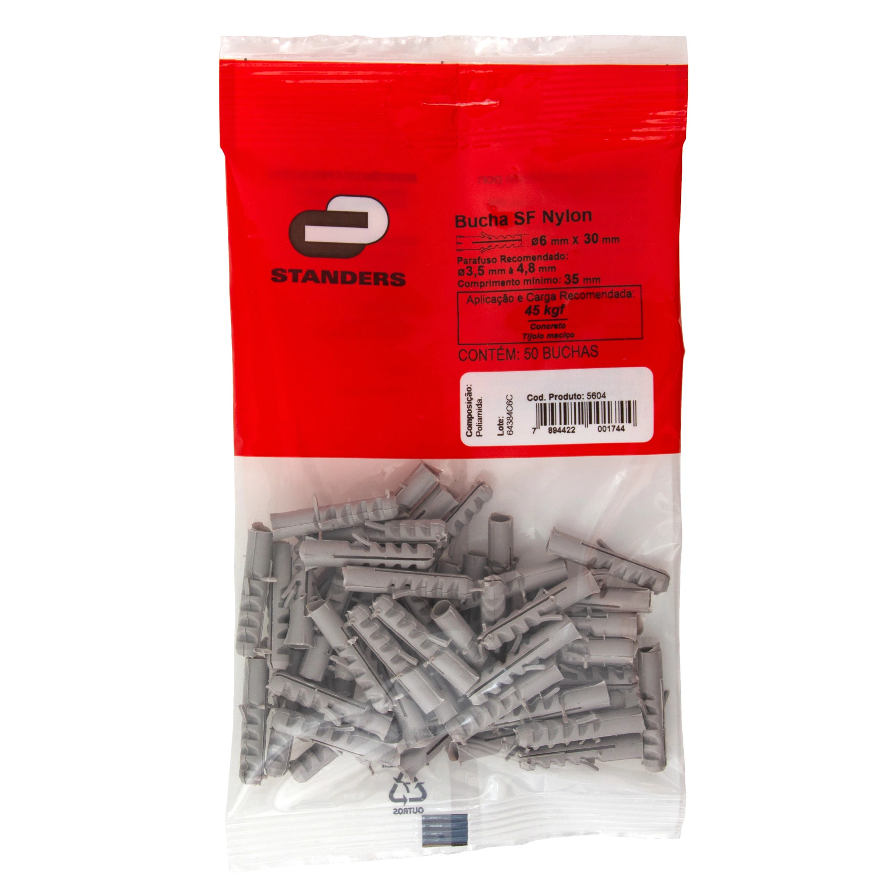 Bucha Nylon 6mm Bases Maciças SF com 50 peças Standers