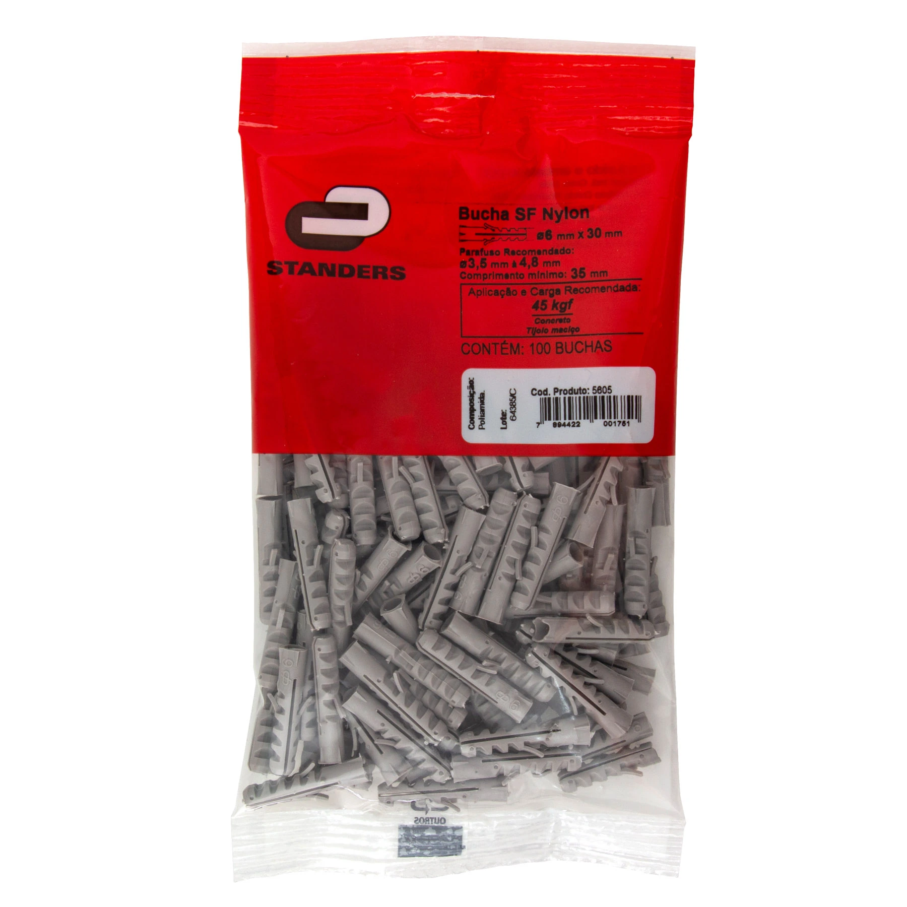 Bucha Nylon 6mm Bases Maciças SF com 100 peças Standers