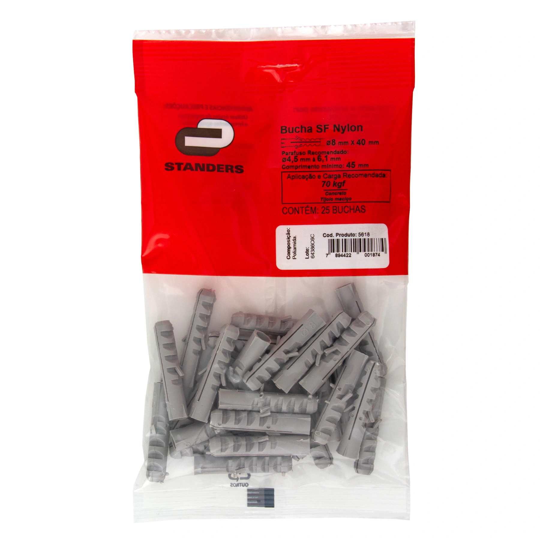 Bucha Nylon 8mm Bases Maciças SF com 25 peças Standers