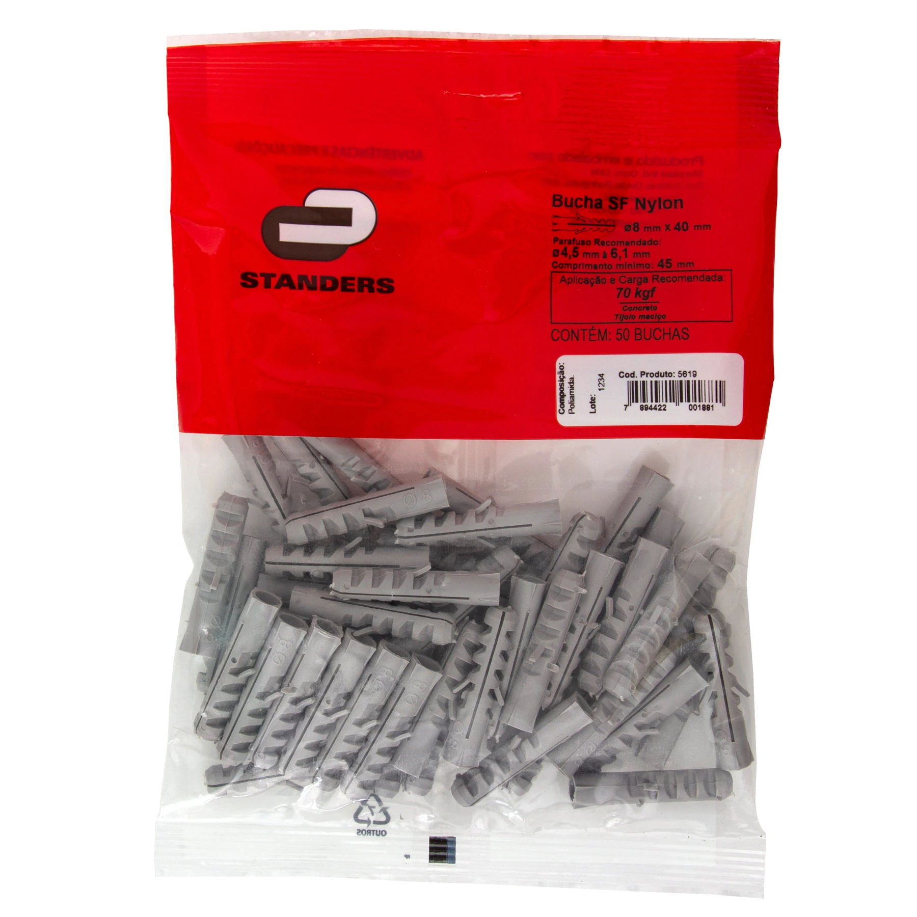 Bucha Nylon 8mm Bases Maciças SF com 50 peças Standers