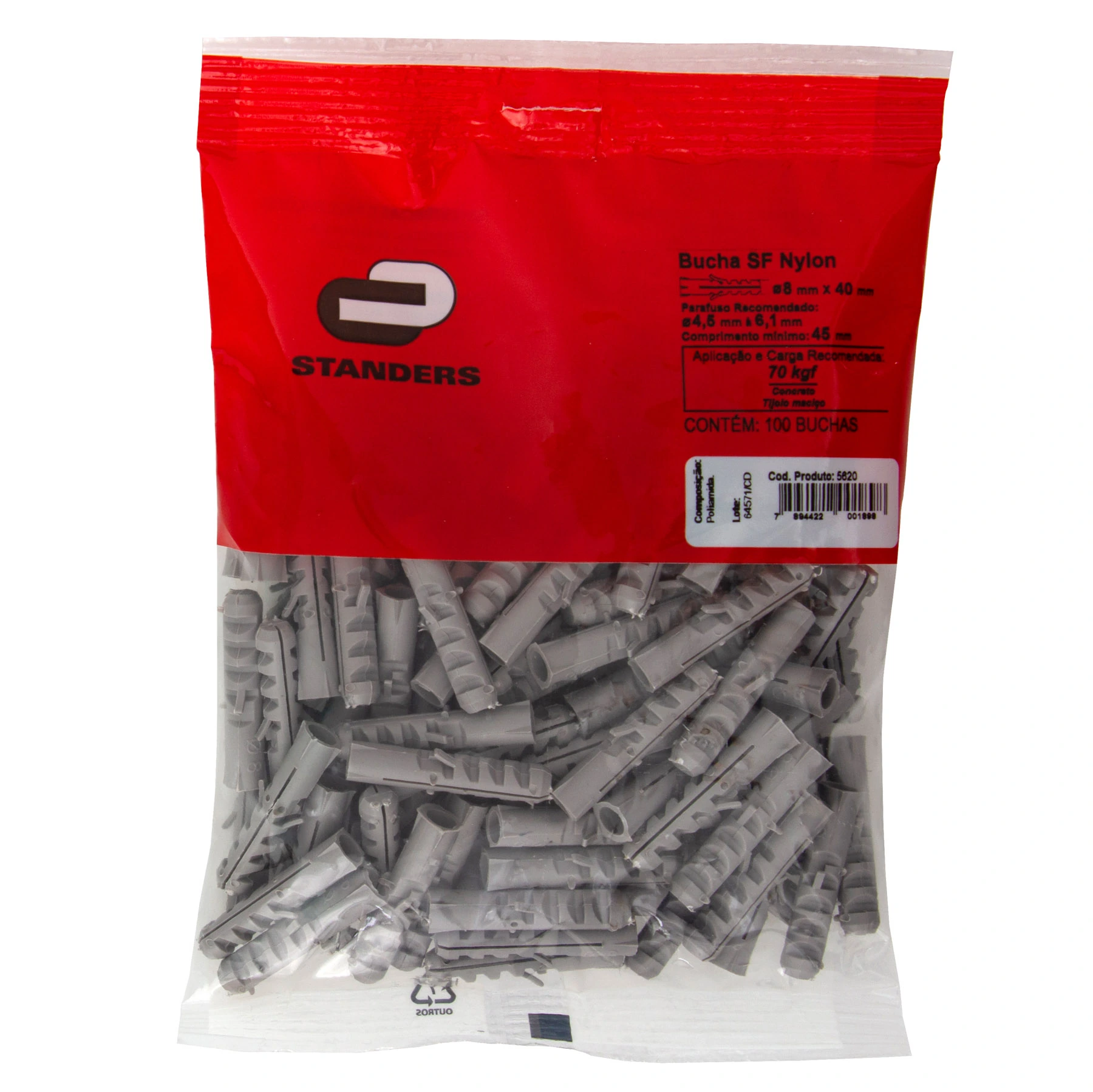 Bucha Nylon 8mm Bases Maciças SF com 100 peças Standers