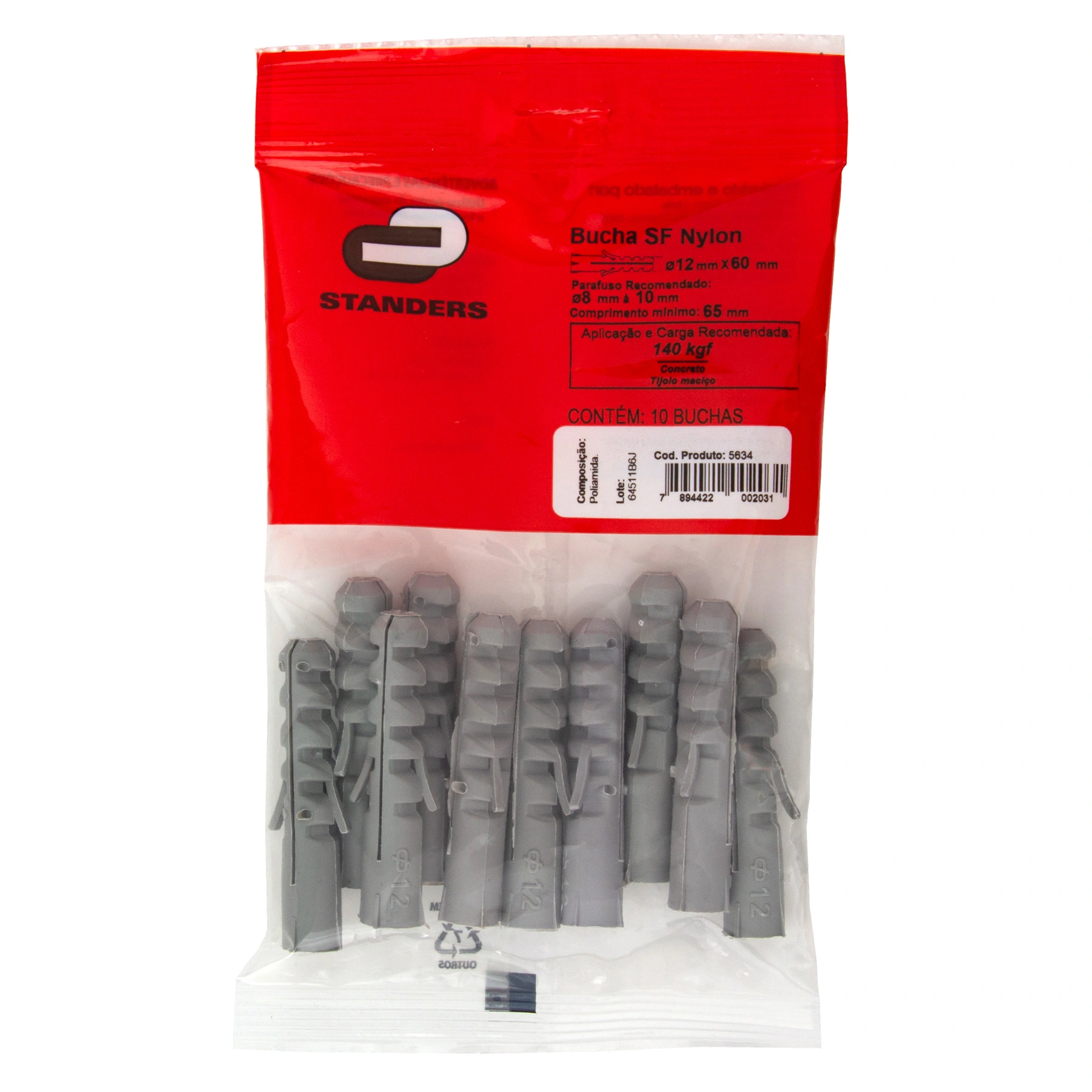Bucha Nylon 12mm Bases Maciças SF com 10 peças Standers