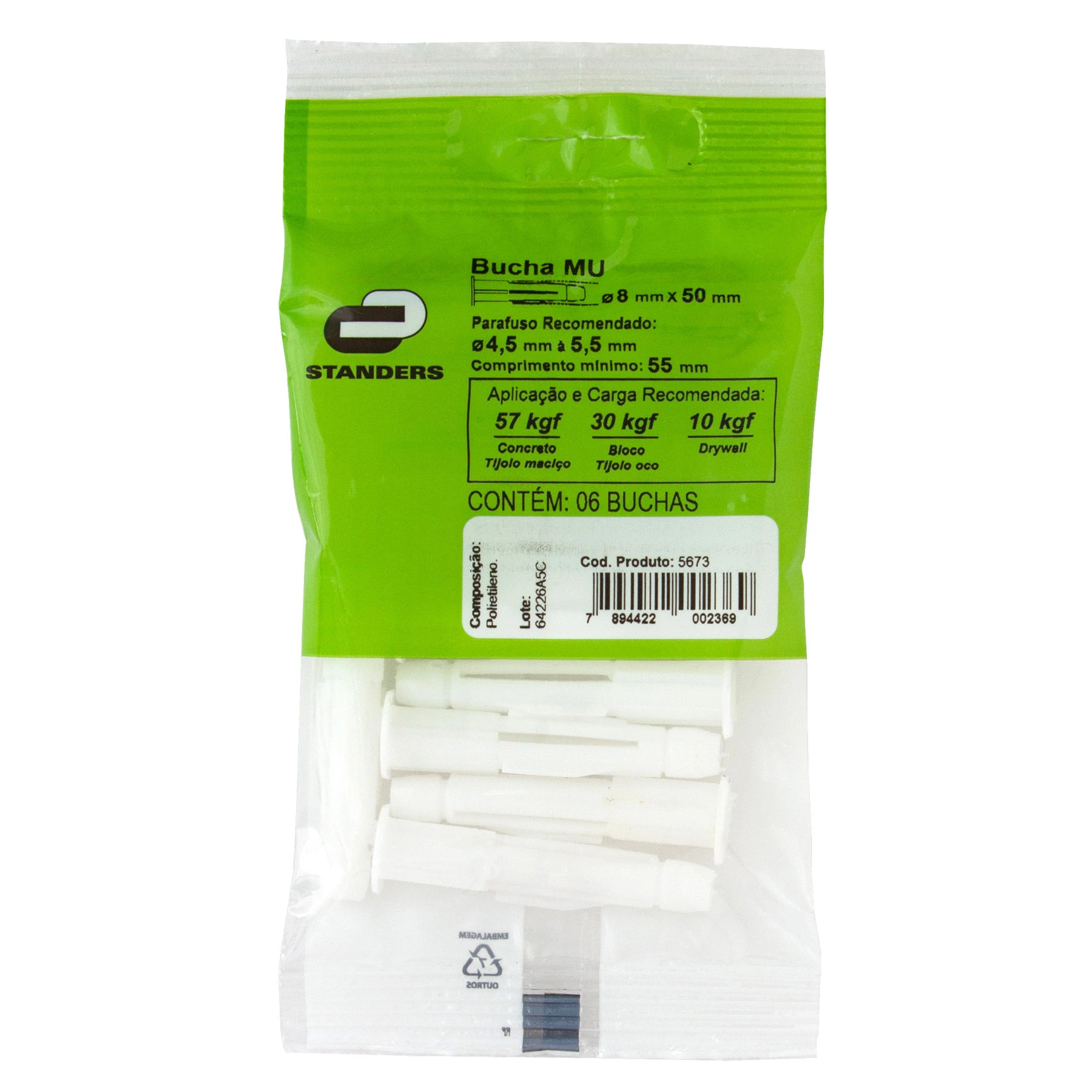 Bucha Plástico 8mm Base Maciça e Oca MU com 6 peças Standers
