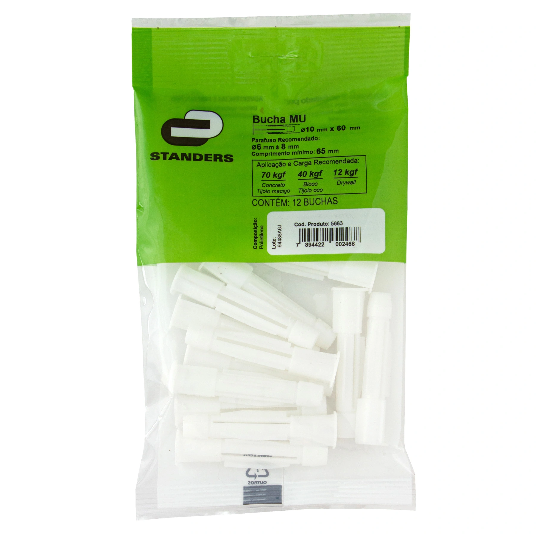 Bucha Plástico 10mm Base Maciça e Oca MU com 12 peças Standers