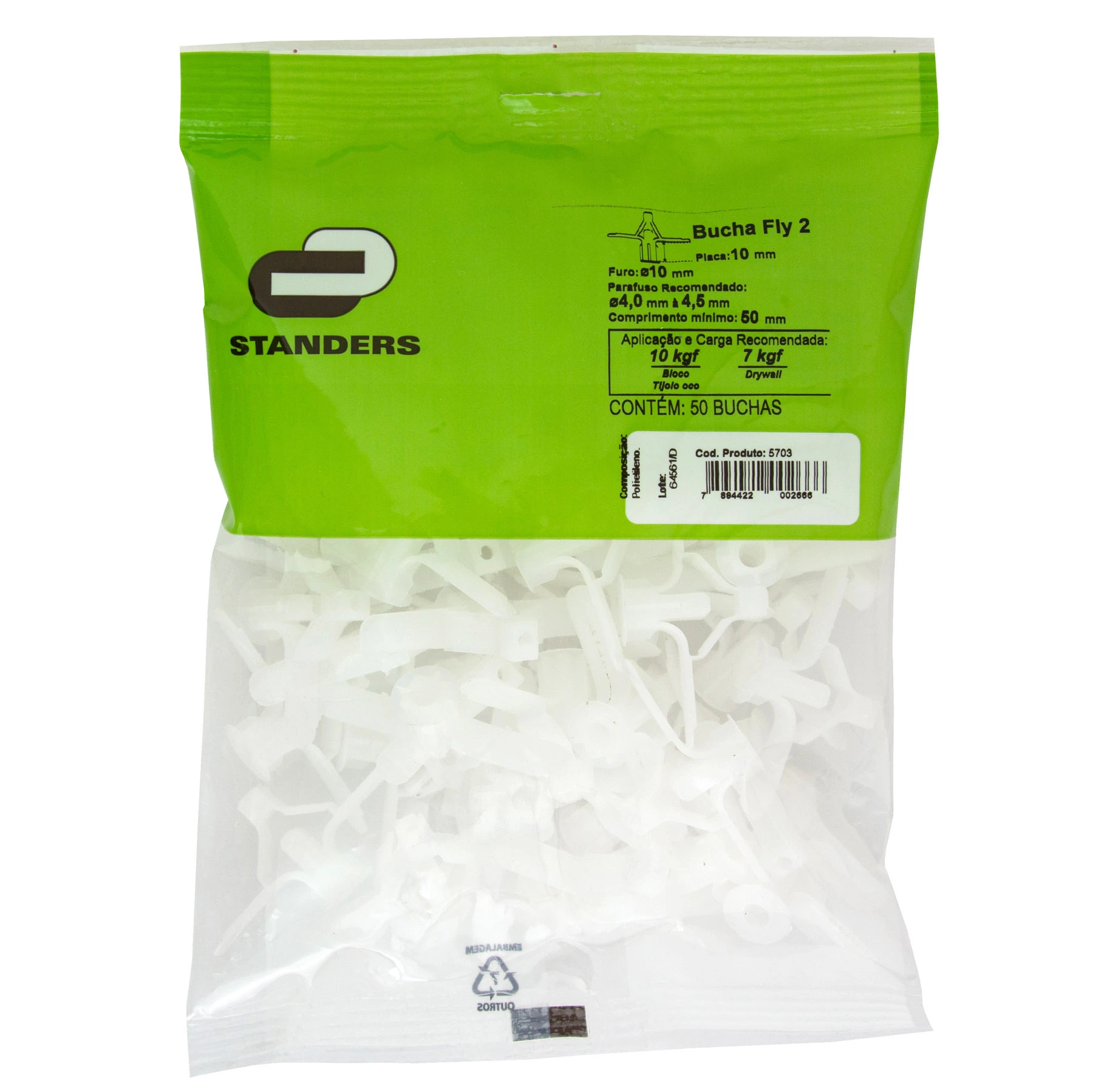 Bucha Drywall 10mm Polietileno Fly 50 peças Standers