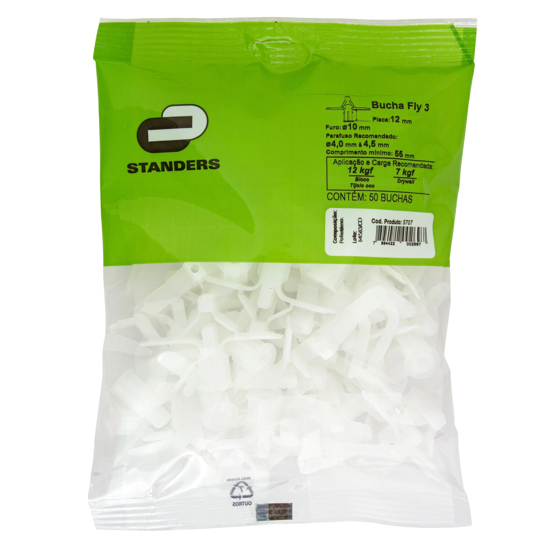 Bucha Drywall 10mm Polietileno Fly 50 peças Standers