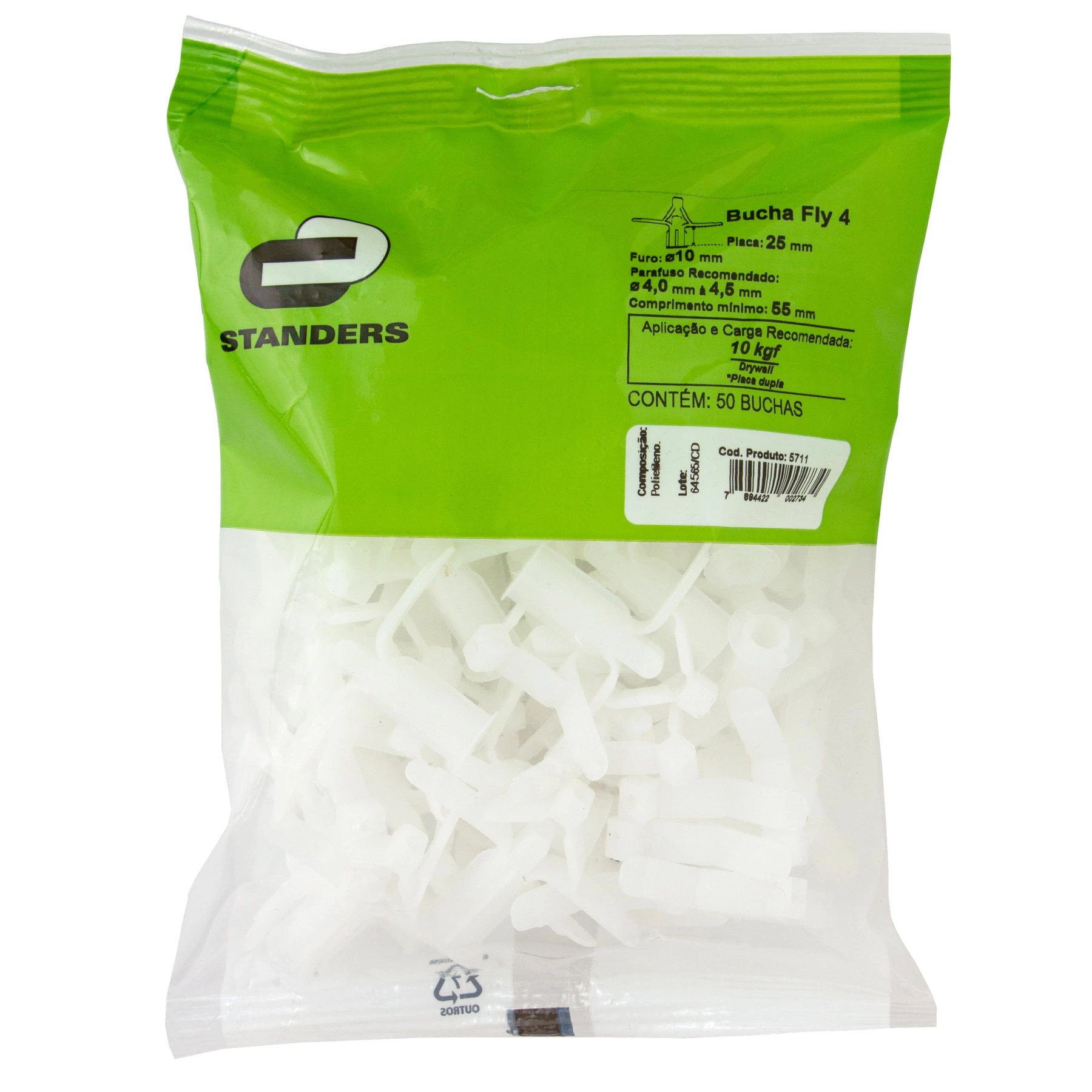 Bucha Drywall 10mm Polietileno Fly 50 peças Standers