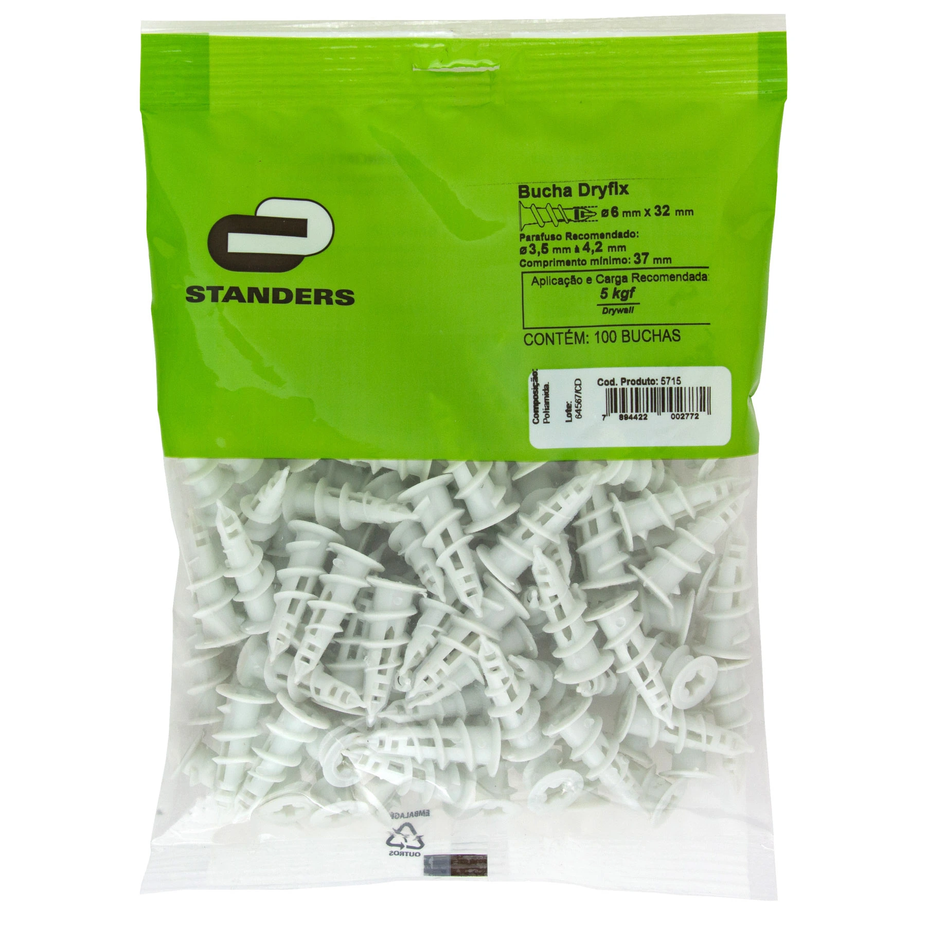 Bucha Drywall 6mm Nylon Dryfix 100 peças Standers