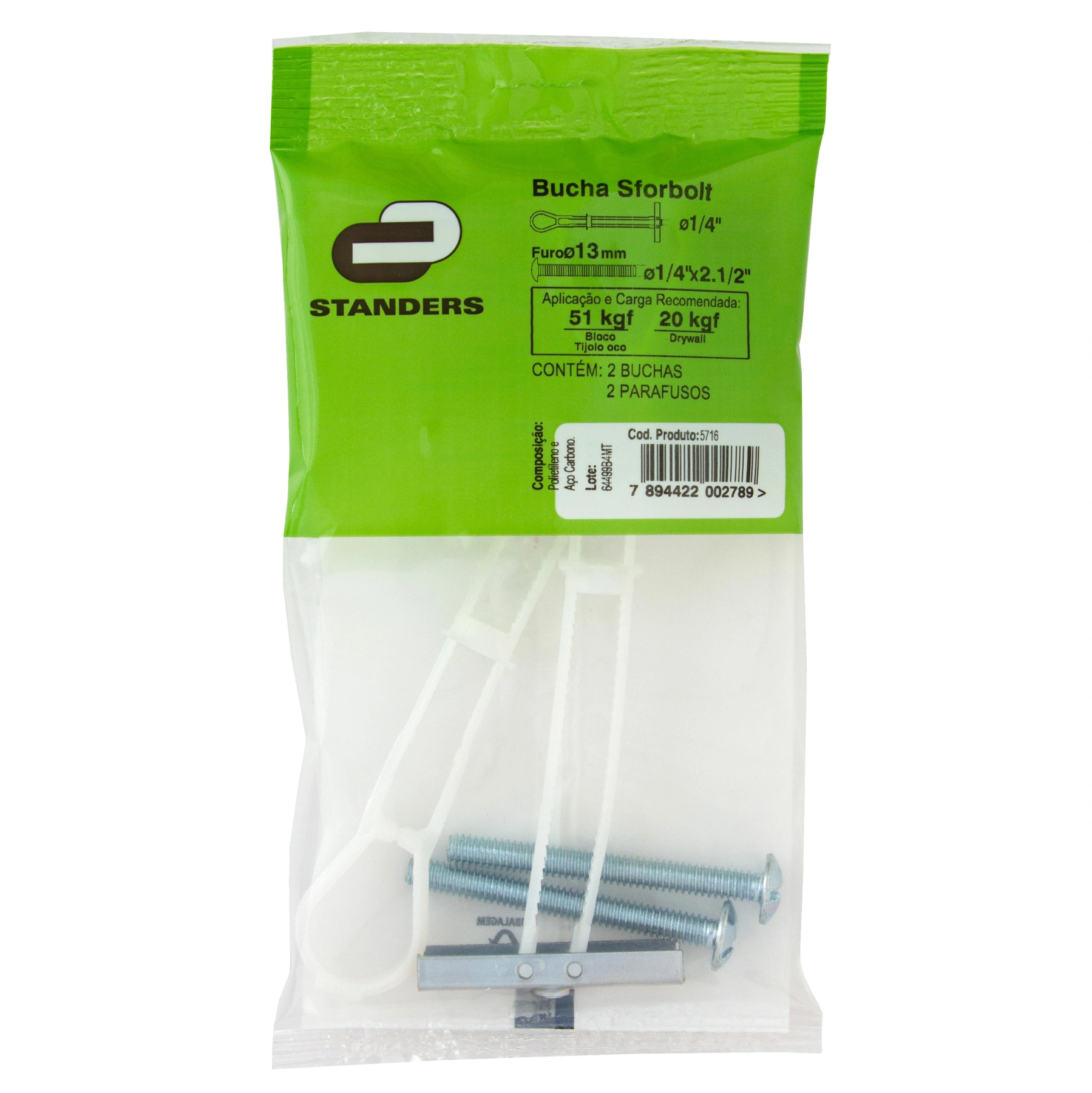 Bucha Drywall 13mm Poliestireno Sforbolt 2 peças com Parafuso Standers