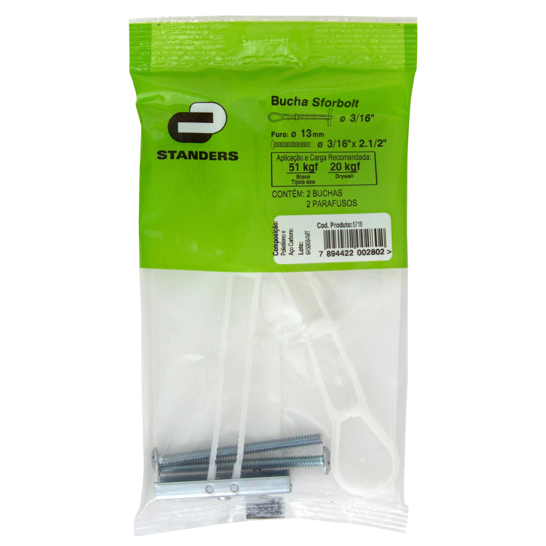 Bucha Drywall 13mm Poliestireno Sforbolt 2 peças com Parafuso Standers