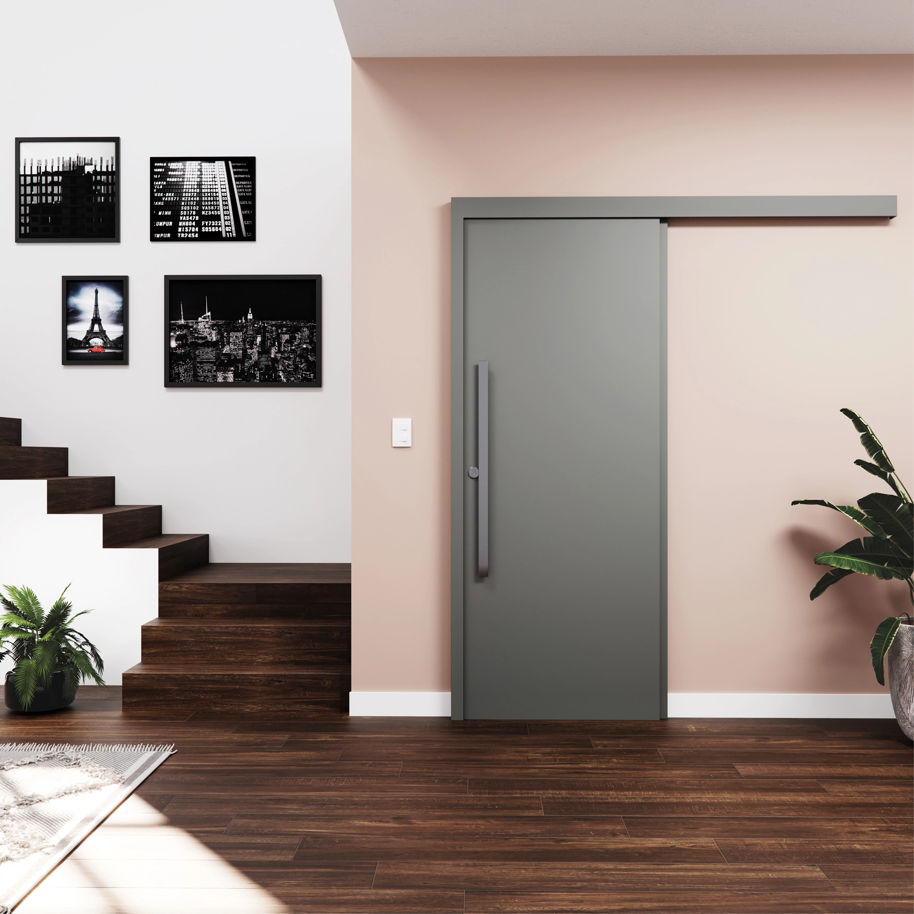 Kit Porta Madeira de Correr Direito|Esquerdo Grafite 210x92cm Sarrafeada Batente 12 a 19cm Vivace Plus Lisa