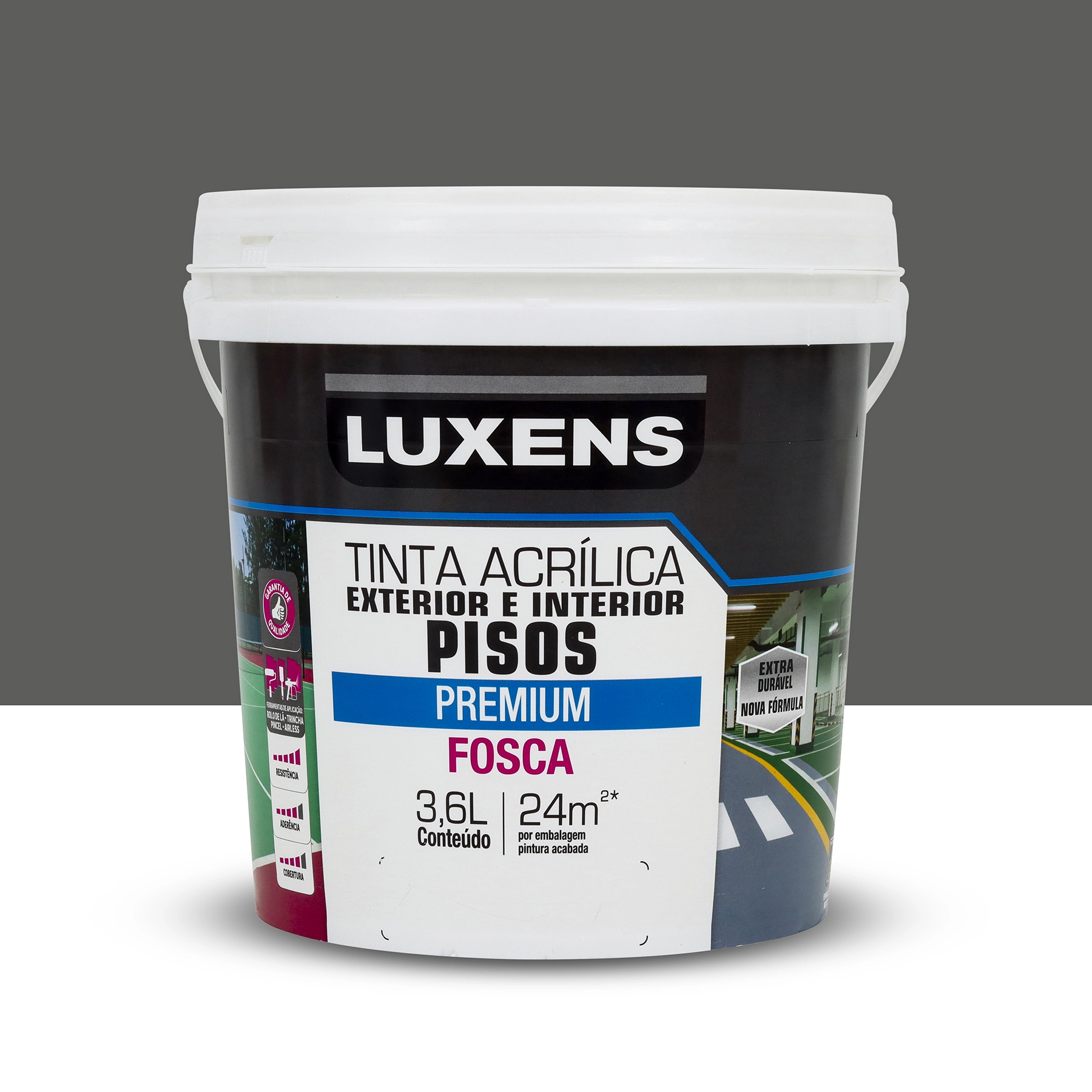 Tinta Acrílica para Piso Fosca Premium Cinza Escuro 3,6L Luxens
