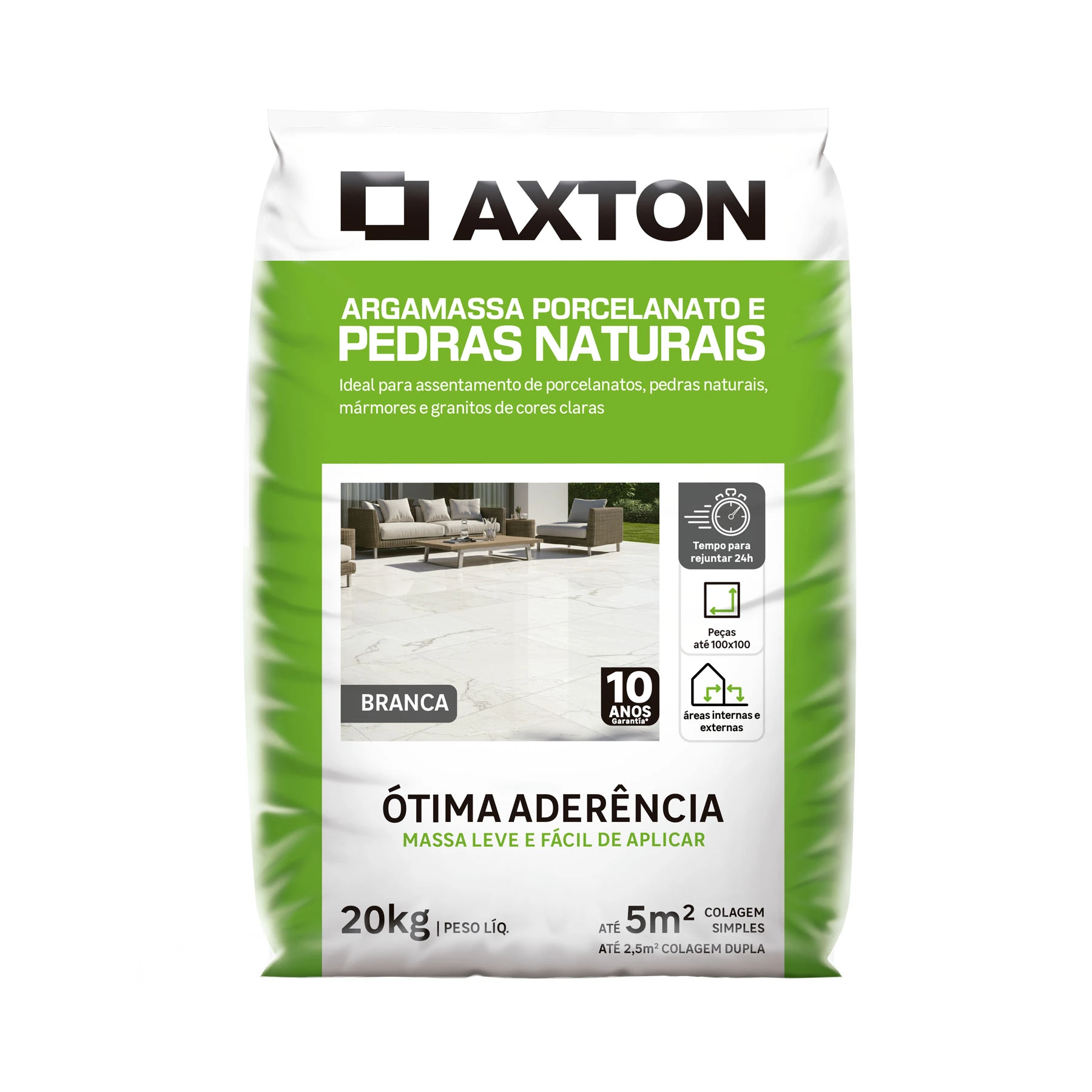 Argamassa Cerâmica Porcelanato e Pedras Naturais Interno|Externo 20kg Branca Axton