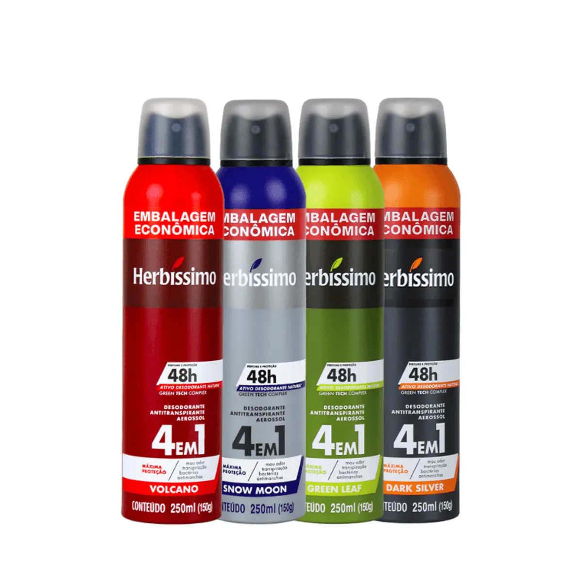 Kit Desodorante Aerosol Antitranspirante Herbíssimo Snow Moon + Green Leaf + Volcano + Dark Silver 2