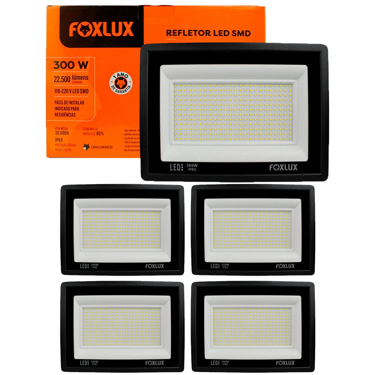 Kit 5 Refletor Led Foxlux 300w 6500k Bivolt Preto