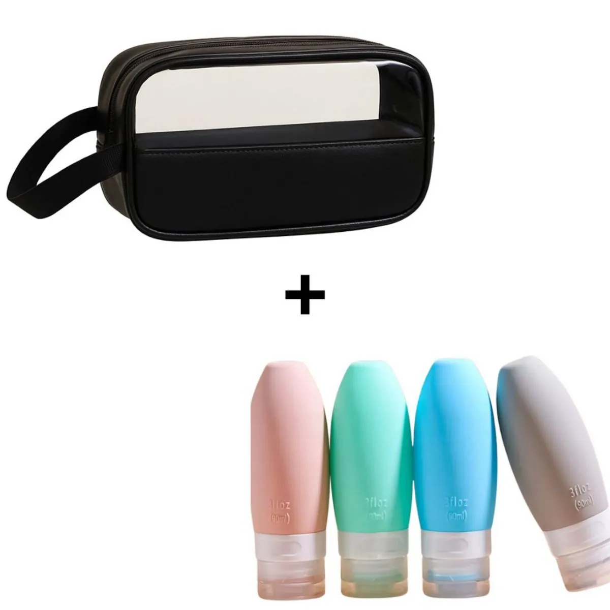 Kit Viagem 4 Frascos Silicone Porta Creme Shampoo 90ml + Bolsa Necessaire Estojo Organizador para co