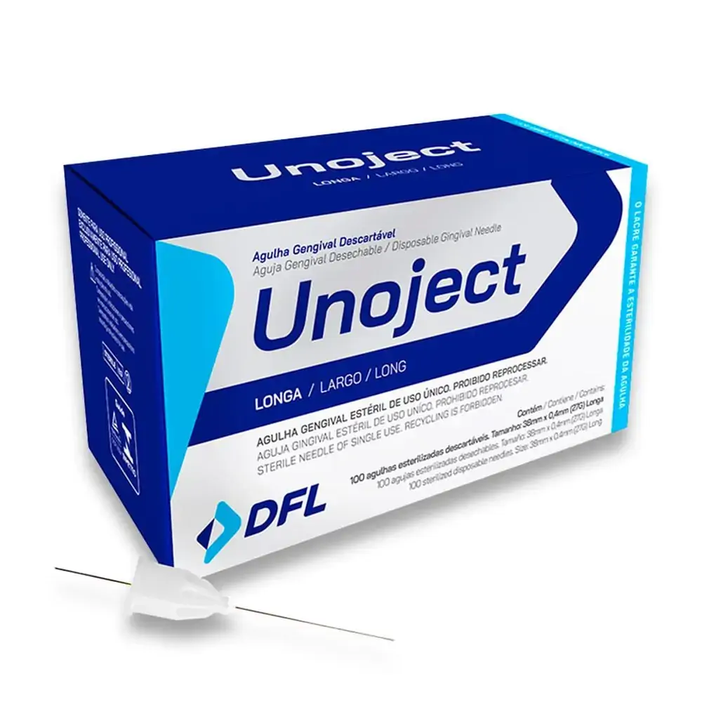 Agulha Gengival Unoject com 100Un - Nova Dfl - Agulha Gengival Unoject 27G Longa com 100Un - Nova Df