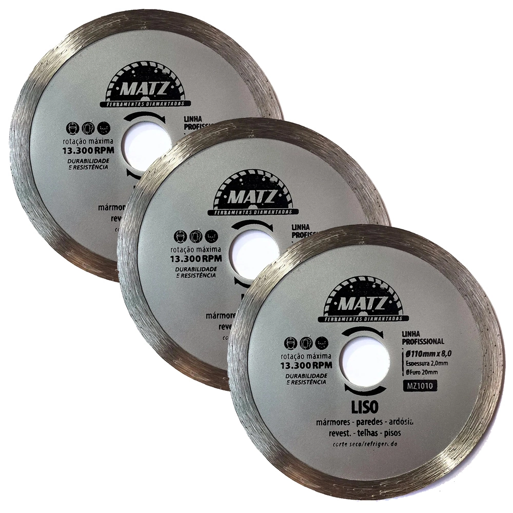 Kit 3 Disco De Corte Diamantado Liso 8mm 110mm X 20mm Matz
