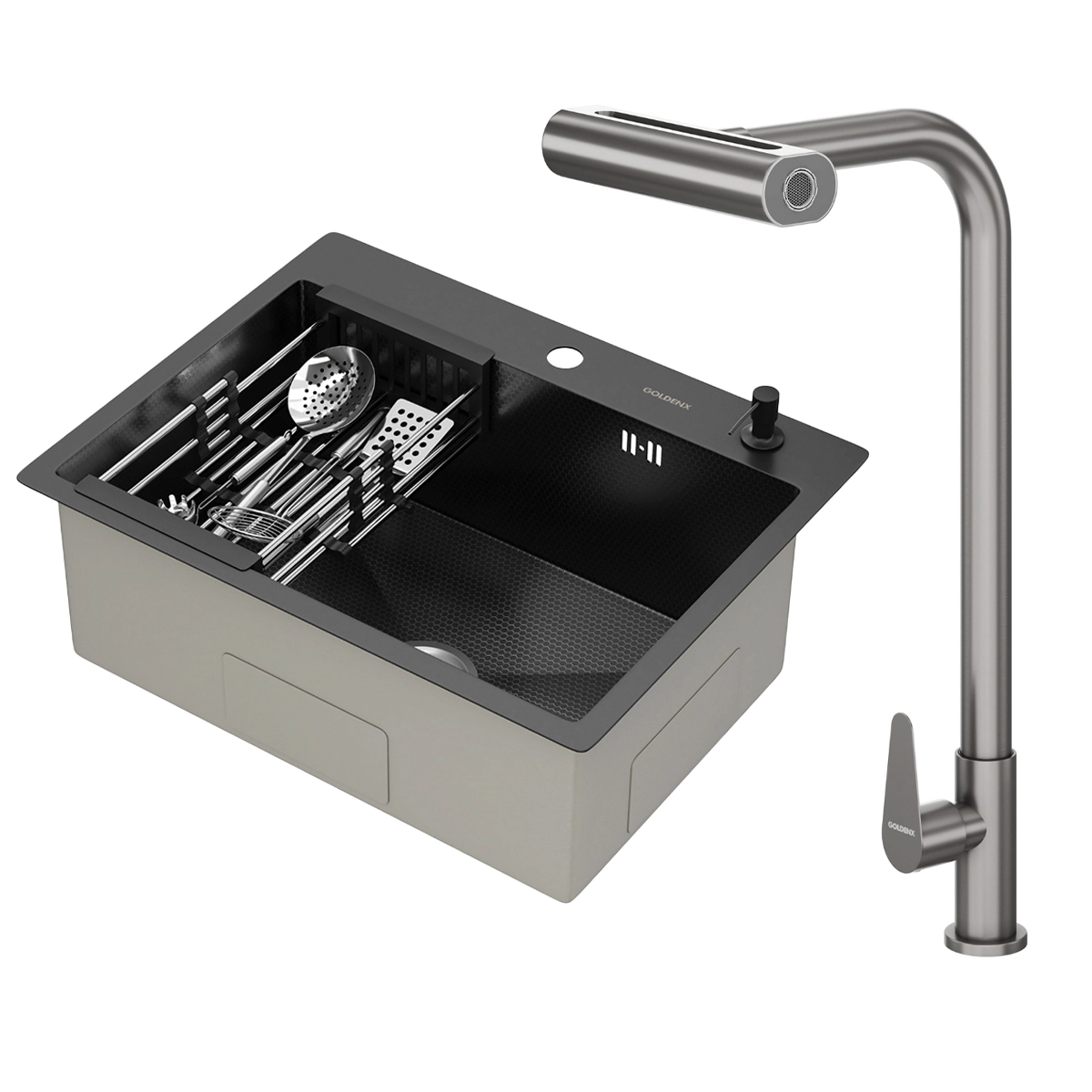 Kit Cuba Gourmet Mônaco Preto Aço Inox 304 E Torneira Gourmet Tóquio Grafite Goldenx