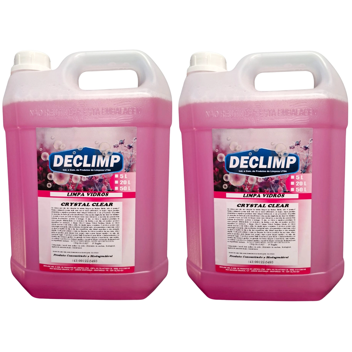 Kit 2 Limpa Vidros 5l Brilho Cristalino E Sem Marcas Declimp