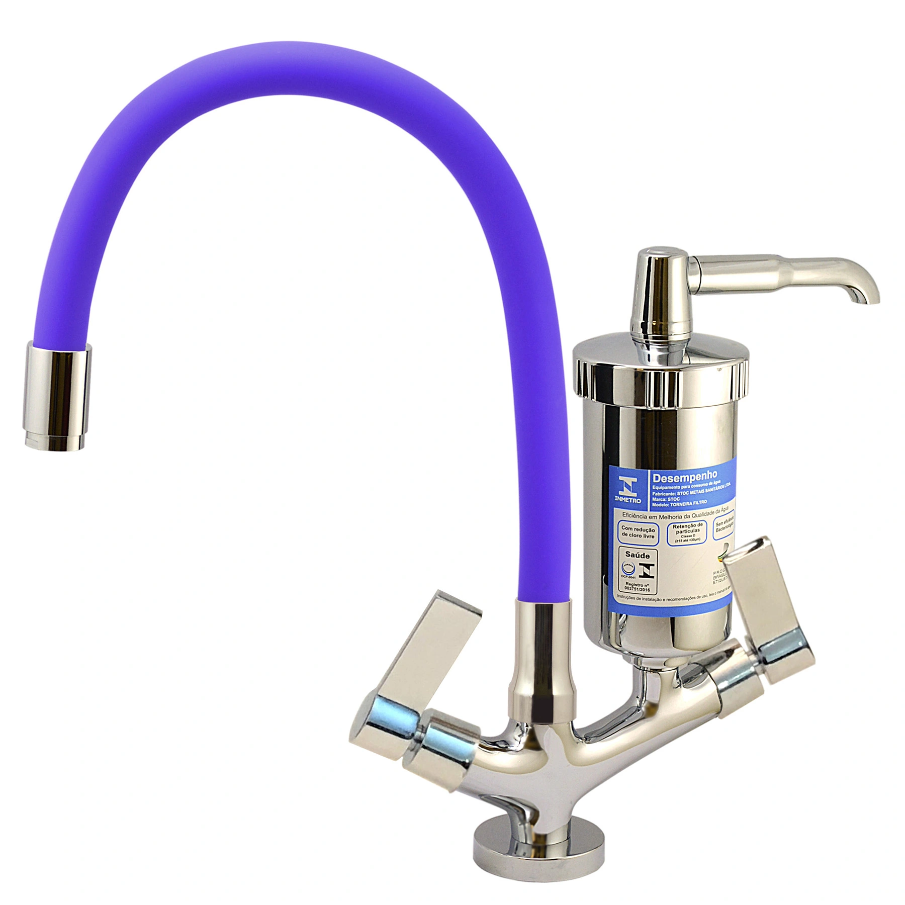 Torneira com Filtro de Pia para Cozinha com Bica Alta Flexível Cromada e Azul Colors Flex Equation